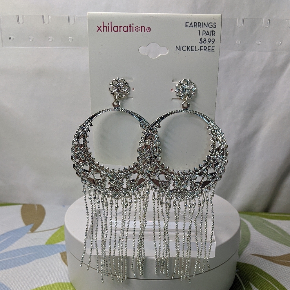 Xhilaration Silver-tone Filigree And Fringe Post Dangle Earrings, NWT/NOS